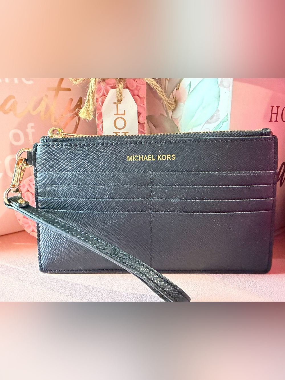 Love Black Wristlet Card Holder with Gold-Tone Logo